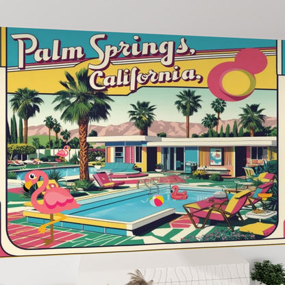 Palm Springs California Flamingo Kitschy Mid Mod Peel And Stick Canvas Self Adhesive Wallpaper - Mid Century Modern Gal