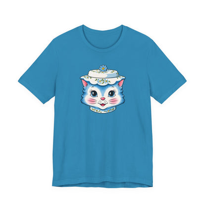 Mid Century Modern Kitschy Anthropomorphic Blue Cat with Floral Hat Unisex T-Shirt
