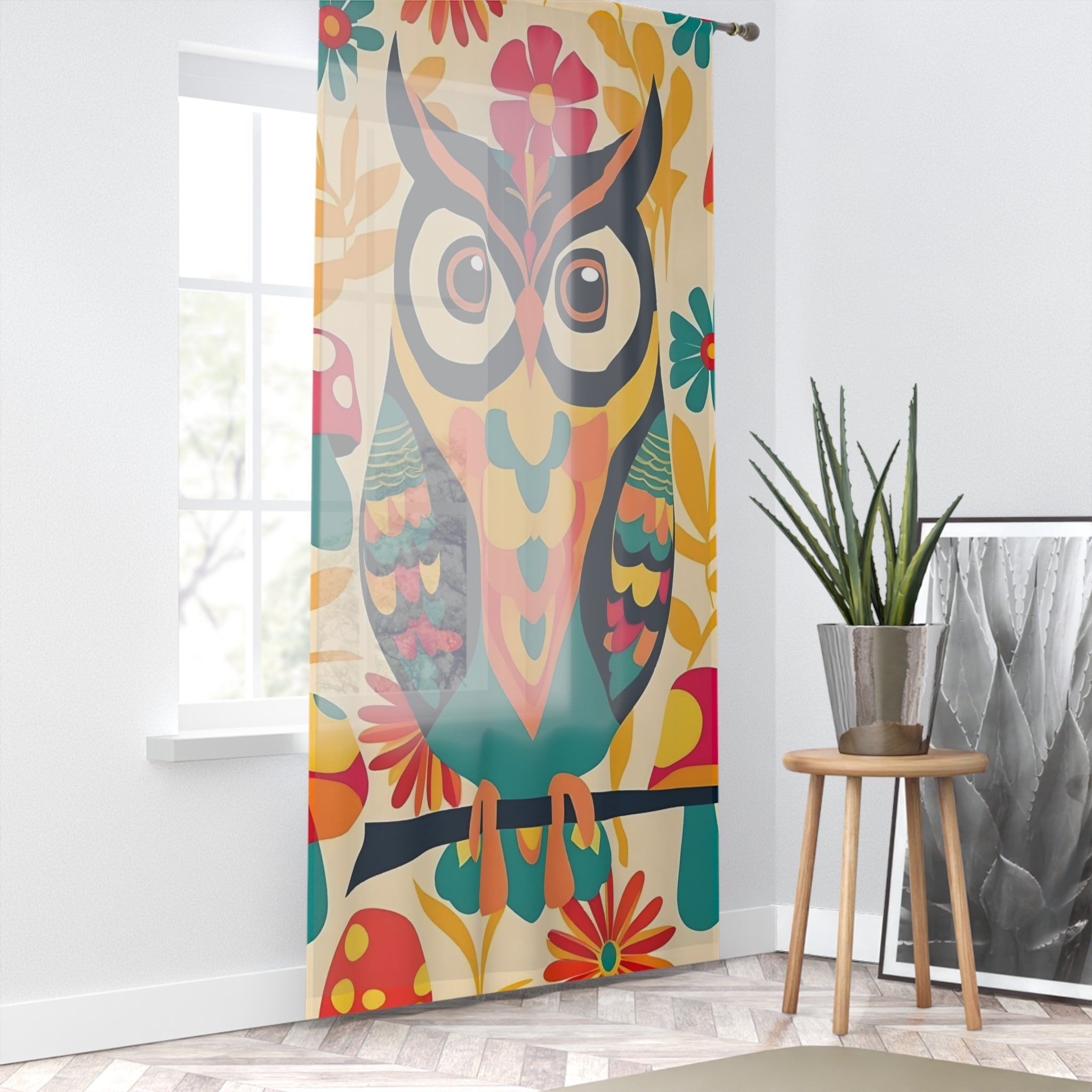 Retro 70s Owl Decor, Colorful Musrhoom Groovy Owl Window Curtain - Vibrant Floral Design for Home Décor - Mid Century Modern Gal