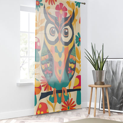 Retro 70s Owl Decor, Colorful Musrhoom Groovy Owl Window Curtain - Vibrant Floral Design for Home Décor - Mid Century Modern Gal