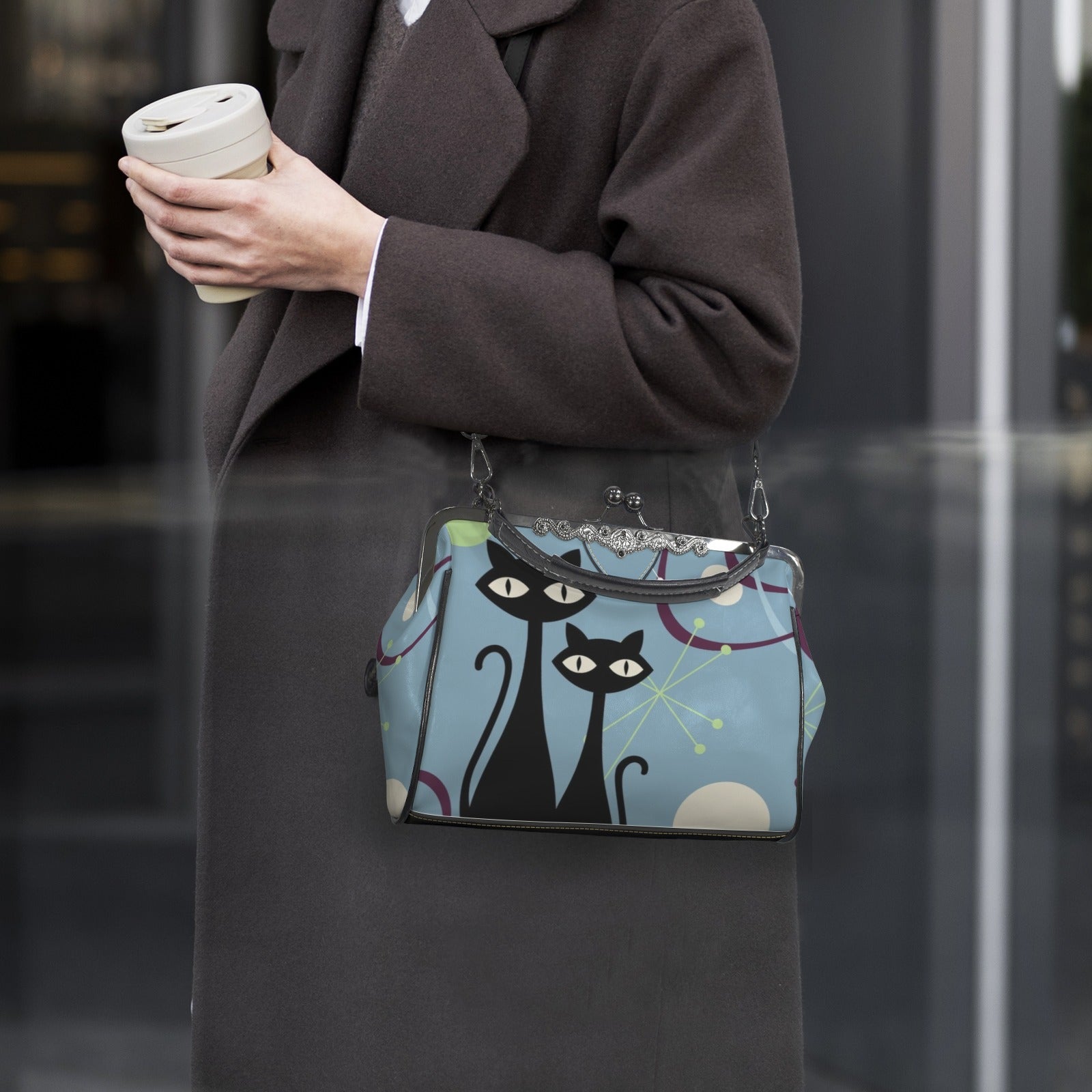 Atomic Cat Kitschy Fun Blue Boomerang Design Modern Kisslock Crossbody Purse - Mid Century Modern Gal