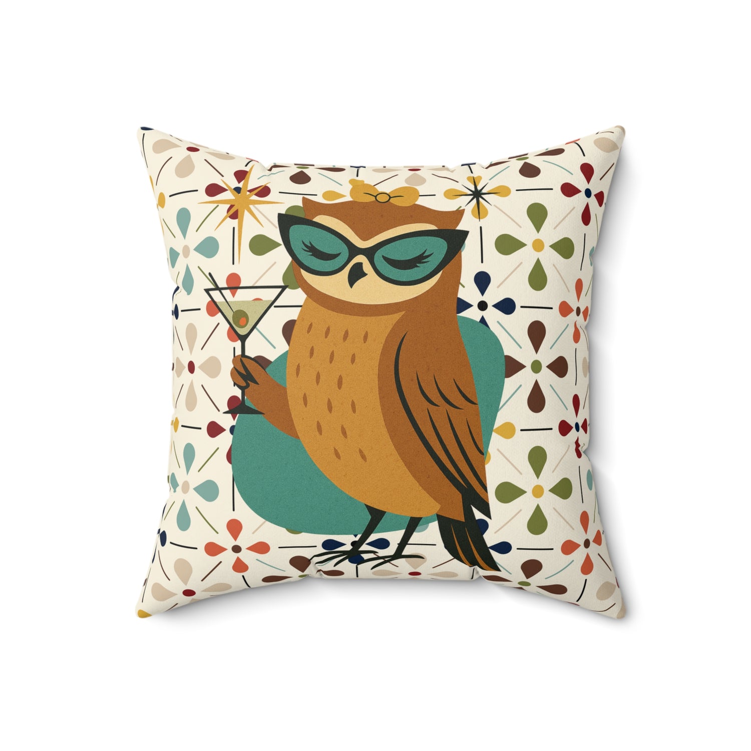 Modern Scandinavian Floral Cocktail Owl, Kitschy Mod Pillow And Insert - Mid Century Modern Gal