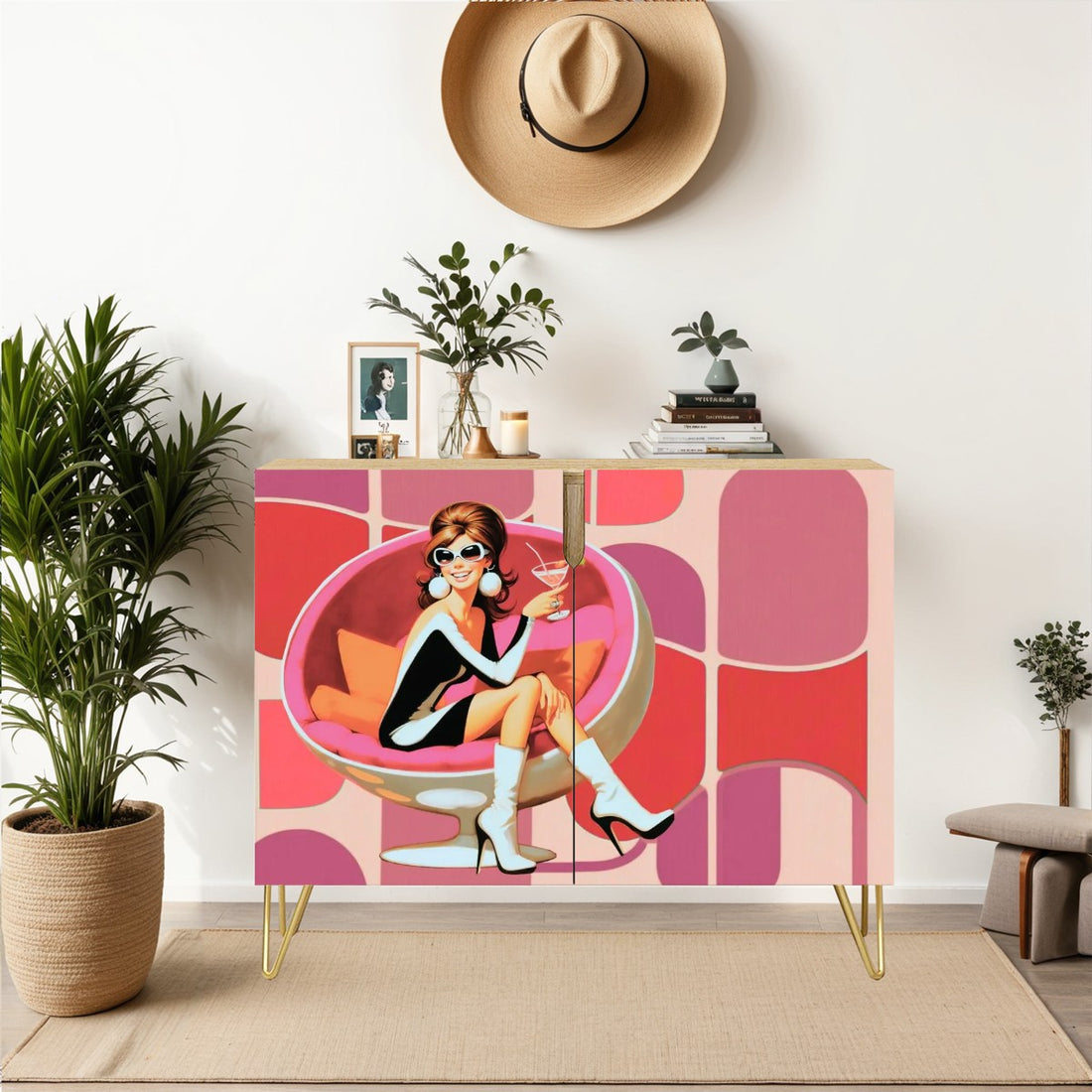 Mid Century Modern Bar Cabinet, Kitschy Mod 60s Gal Pink Geometric MCM Credenza Sideboard - Mid Century Modern Gal