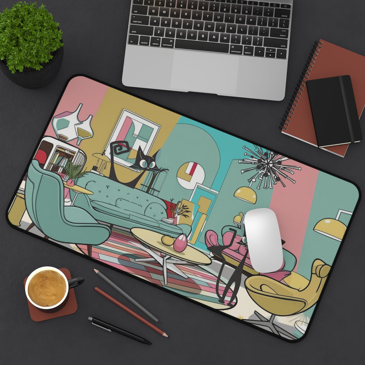 Mid-Century Modern Atomic Kitschy Cats Desk Mat - Stylish Home Office Decor - Mid Century Modern Gal