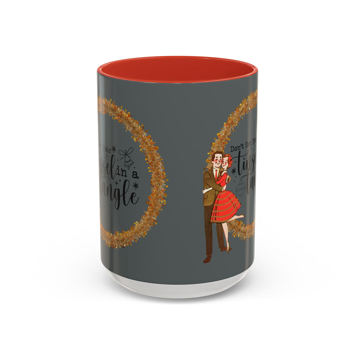 Vintage 50s kitschy Christmas mug featuring a dancing couple and the phrase "Don't Get Your Tinsel In A Tangle.