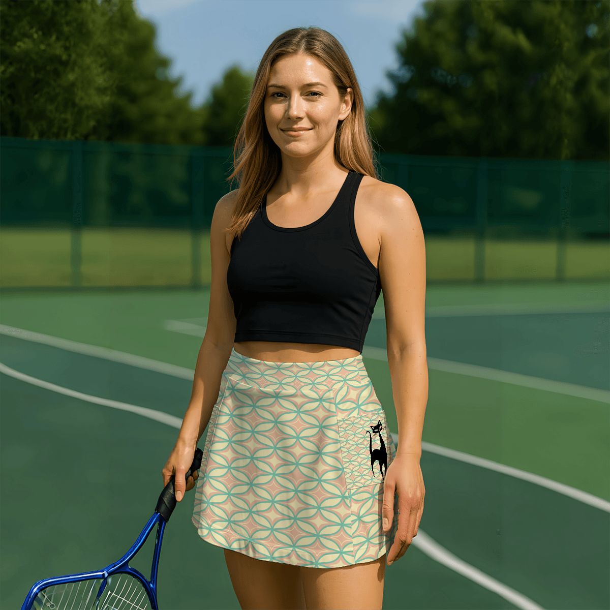 Retro Atomic Women's Tennis Skort With Pockets, Kitschy Cat, Diamnd Starburst Mod Skort - Mid Century Modern Gal