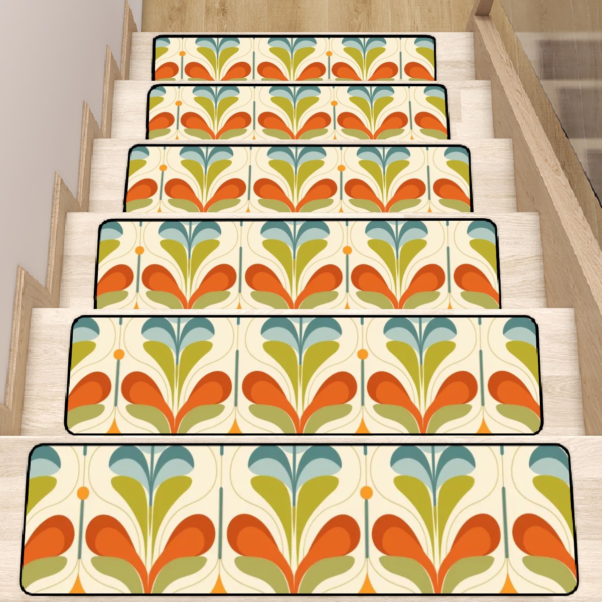 Mid Century Modern Groovy Mod Green, Orange, Blue Retro Non Slip Carpet for Stairs Treads