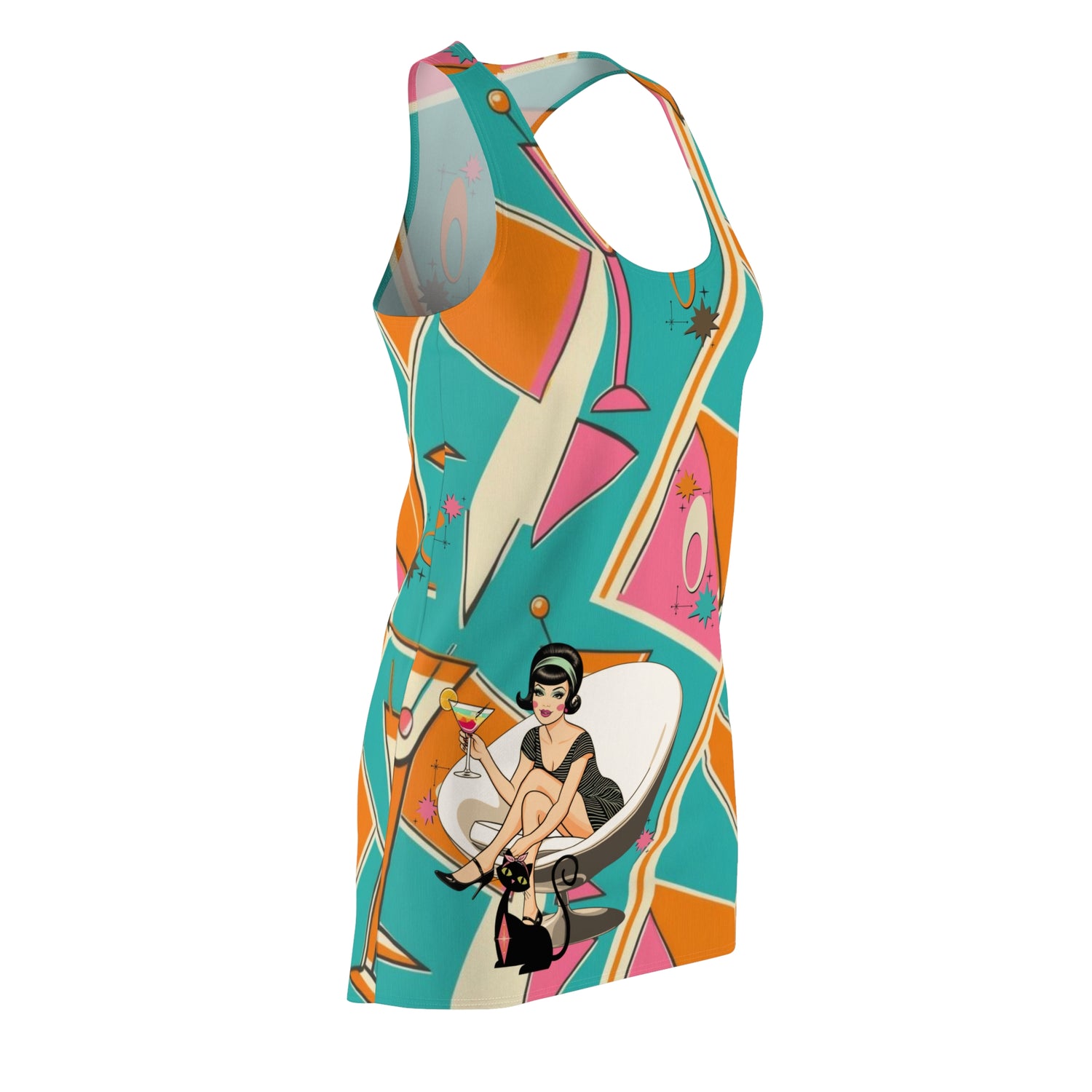 Mid Century Modern Gal Vintage Cocktail Racerback Dress - Colorful Retro Party Style XL Mid Century Modern Gal Vintage Cocktail Racerback Dress - Colorful Retro Party Style XL