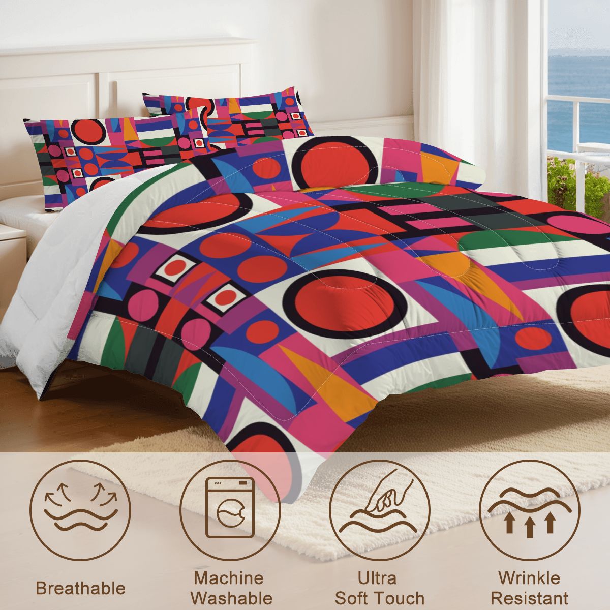 Mid Century Modern Bauhaus Designed Geometric Red, Blue Yellow Green MCM King Comforter Set - Mid Century Modern Gal