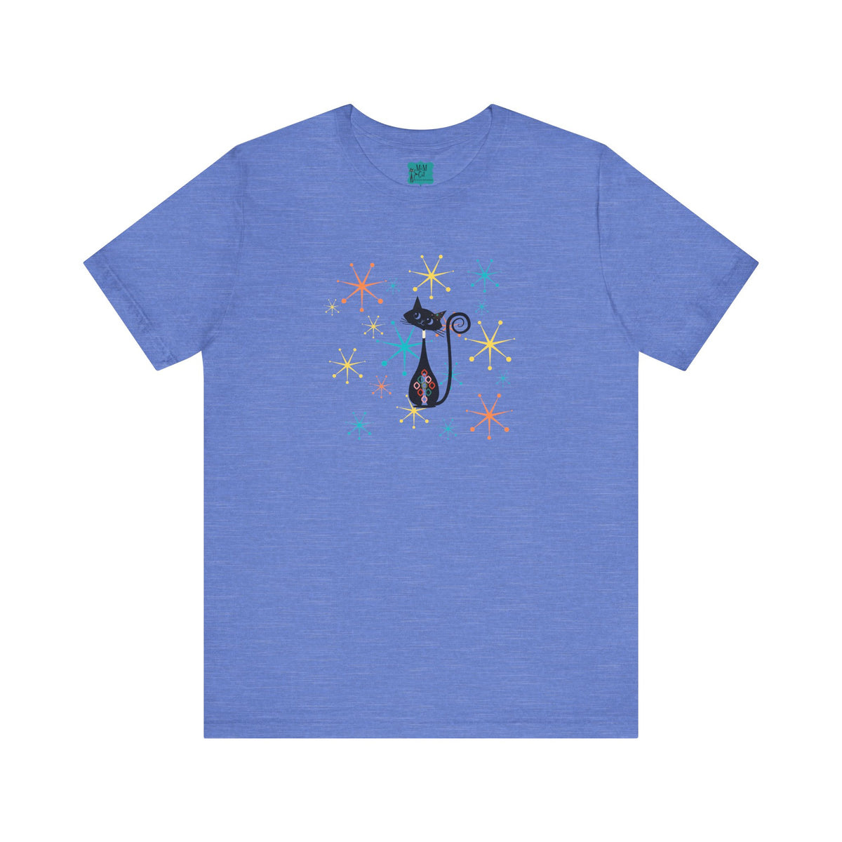 Atomic Cat Mid Century Modern Starburst Whimsical Cat Short Sleeve Tee - Colorful Star Design - Mid Century Modern Gal