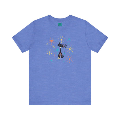 Atomic Cat Mid Century Modern Starburst Whimsical Cat Short Sleeve Tee - Colorful Star Design - Mid Century Modern Gal