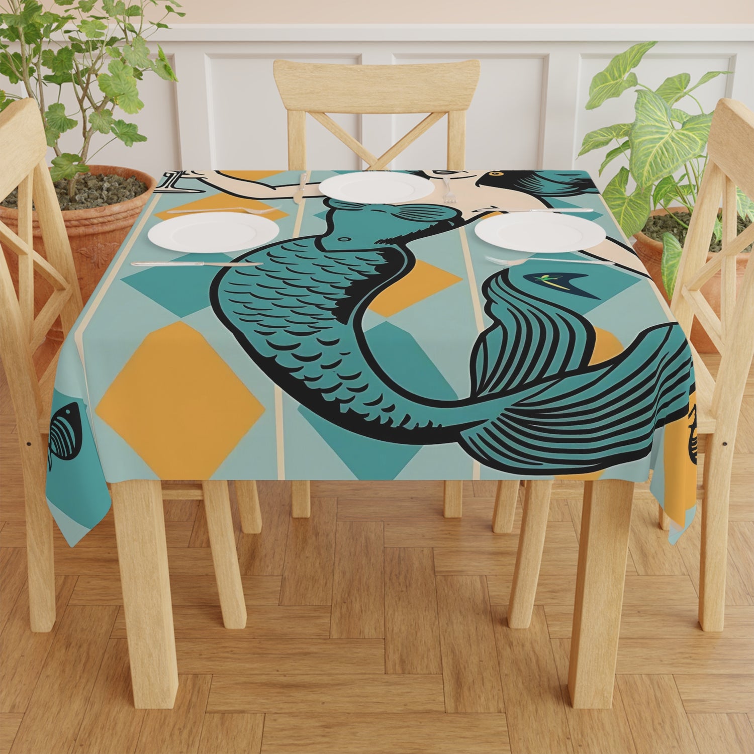 Vintage Mermaid Mid Century Modern Tablecloth Kitschy Retro Beach Decor - Mid Century Modern Gal