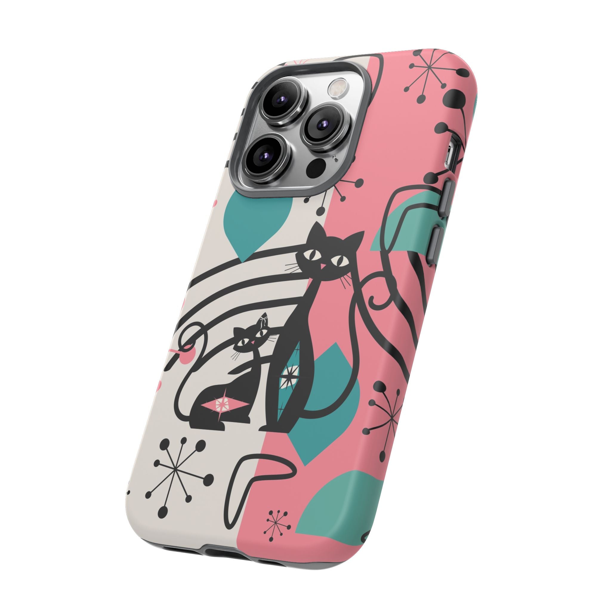 Mid Mod Atomic Cat Boomerang Starburst, Pink, Black Kitschy Stylish Cat Phone Case: Modern Design for Cat Lovers