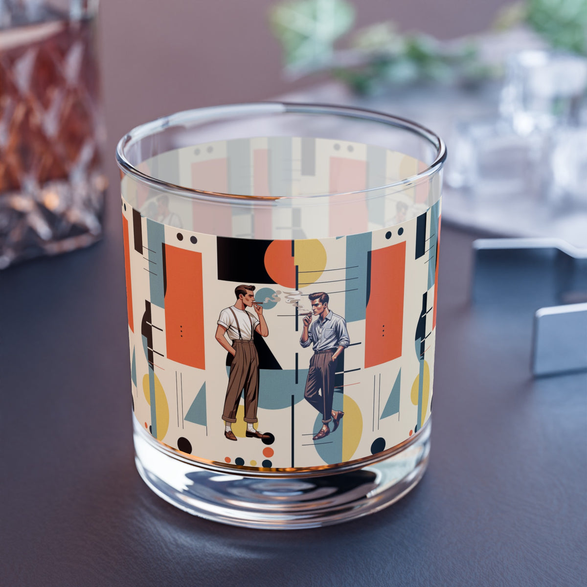 Cigar Smoking Male Couple, Buddies,  Bourbon Drinkers Mid Mod Bauhaus Designed Rocks Glass, 10oz - Mid Century Modern Gal