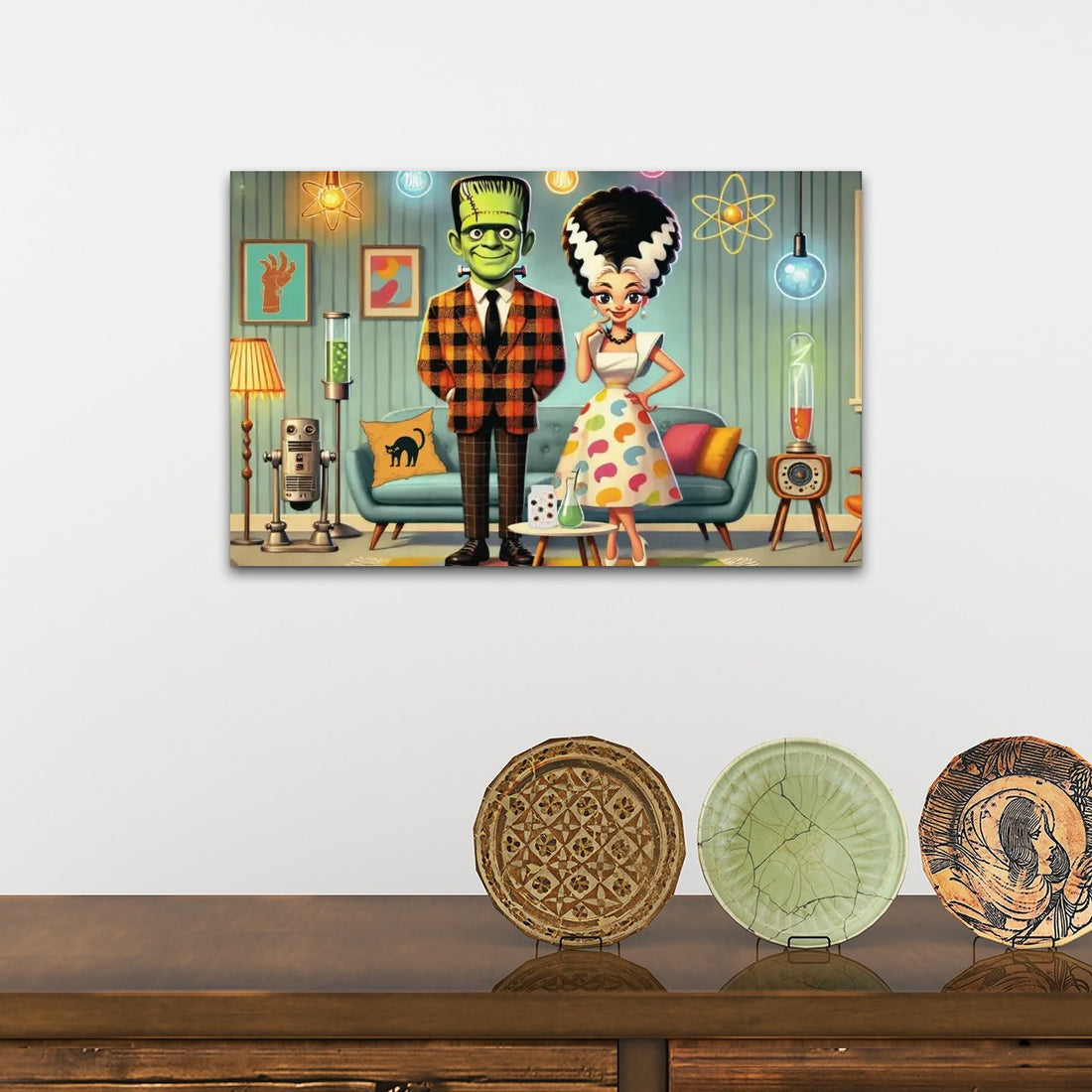 Frankenstein And Bride, Kitschy Retro Mid Century Modern Wall Art Canvas Print - Mid Century Modern Gal