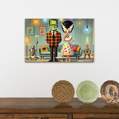 Frankenstein And Bride, Kitschy Retro Mid Century Modern Wall Art Canvas Print - Mid Century Modern Gal