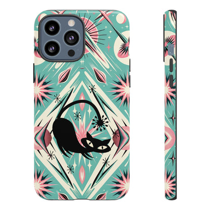 Atomic Cat, Mid Century Modern Aqua Blue, Pink, Starbursts Tough Phone Case