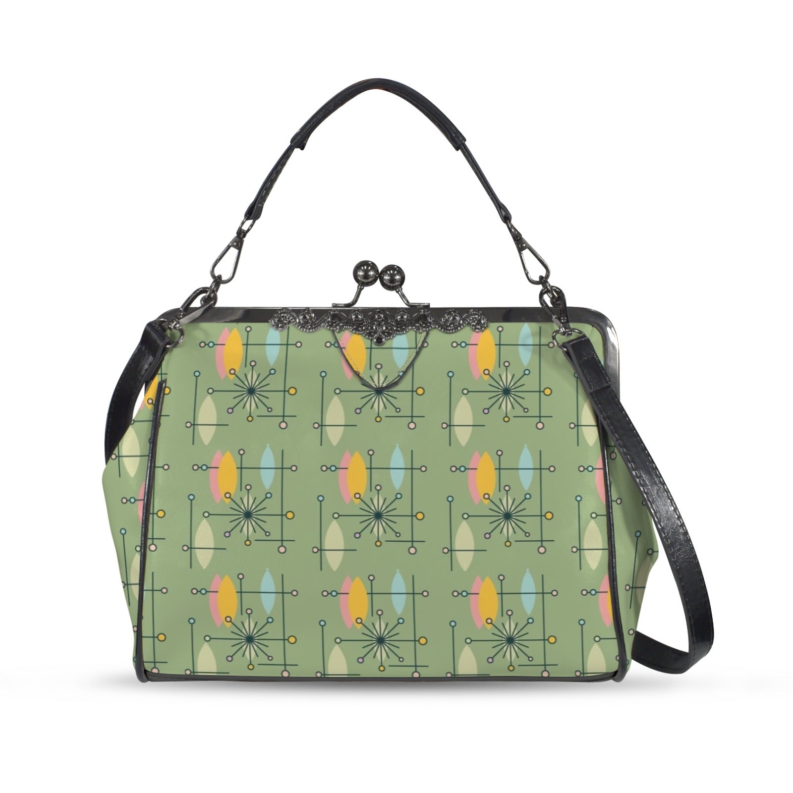 Mid Century Modern Green Yellow Atomic 50s Kisslock Crossbody Purse - Mid Century Modern Gal