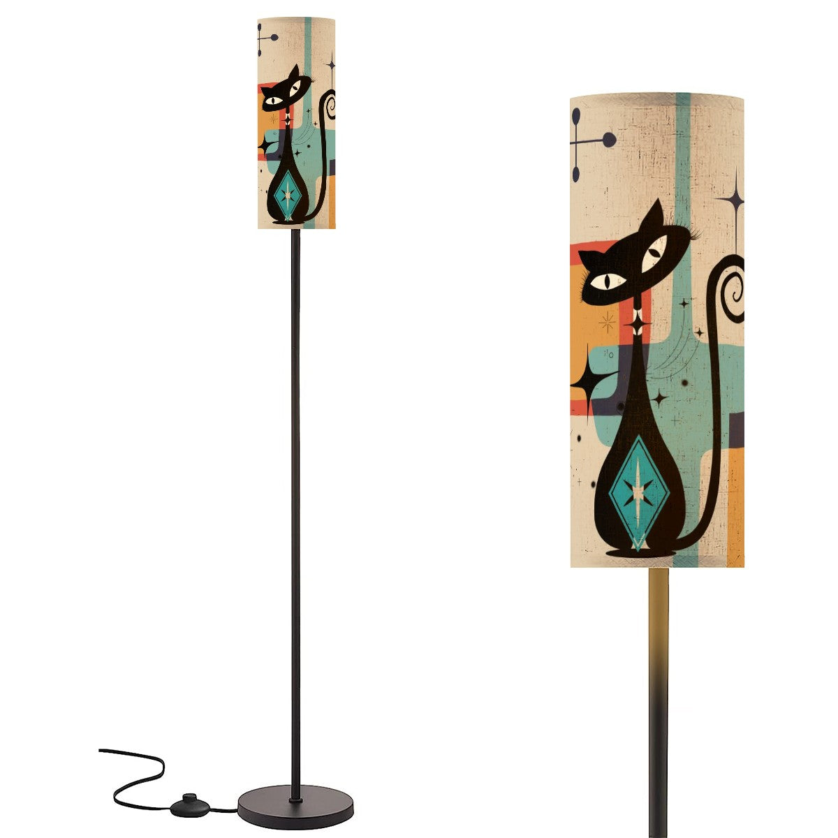 Mid Century Modern Floor Lamp With Atomic 50s Cat Geometric Designed Linen Shade - Mid Century Modern Gal