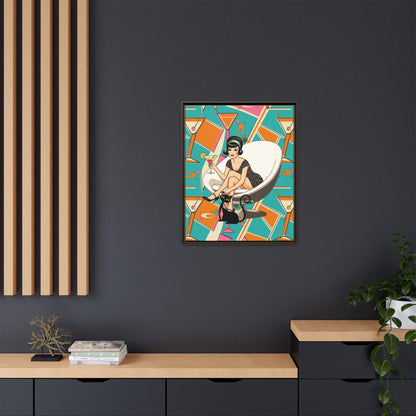 Mid Mod 60s Gal, Atomic Cat Barware Wall Art - Framed Matte Canvas with Vintage Cocktail And Retro Cat Design