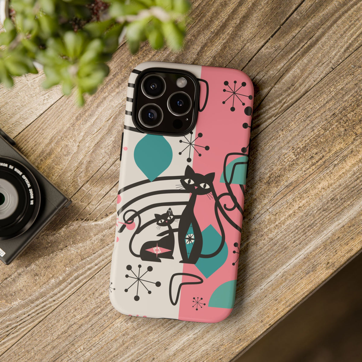 Mid Mod Atomic Cat Boomerang Starburst, Pink, Black Kitschy Stylish Cat Phone Case: Modern Design for Cat Lovers