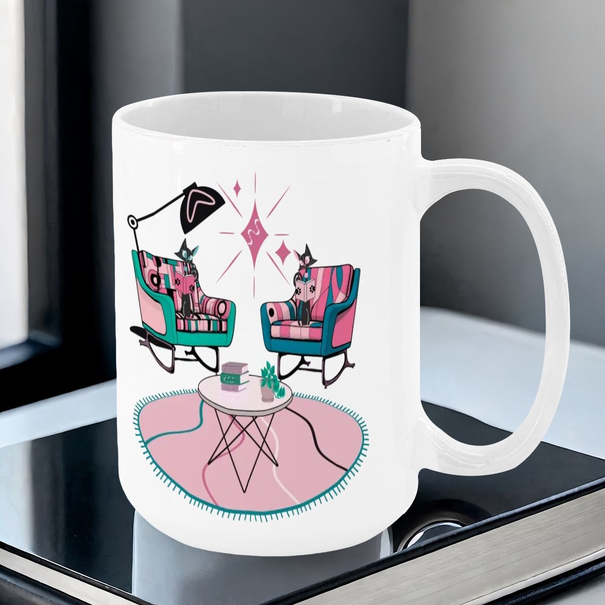 Atomic Reading Cats, Kitschy Mid Century Modern Large Colorful Mug (15oz) - Mid Century Modern Gal