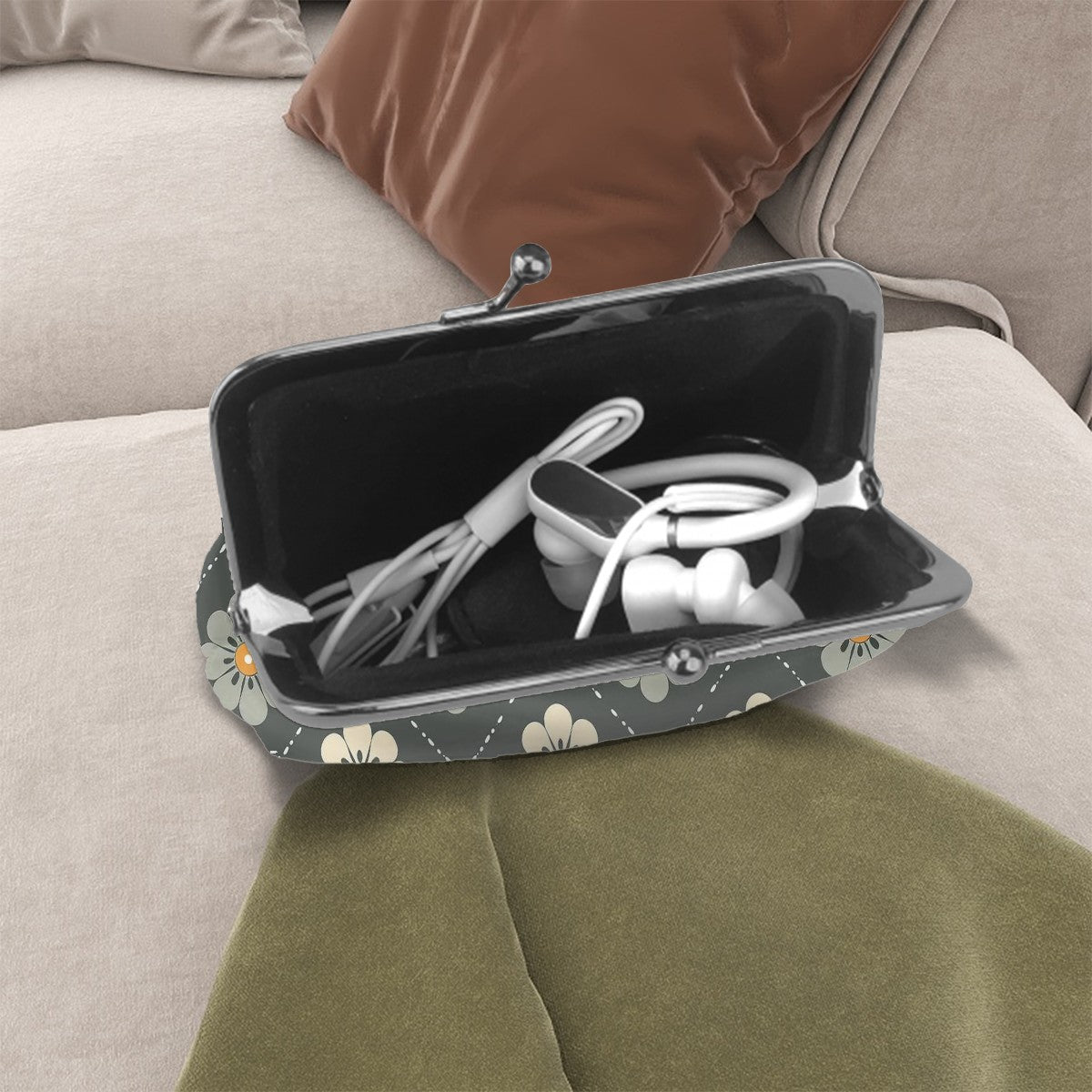 Scandinavian Floral, Mustard Yellow, Gray Mid Century Modern Coin Purse - Mid Century Modern Gal