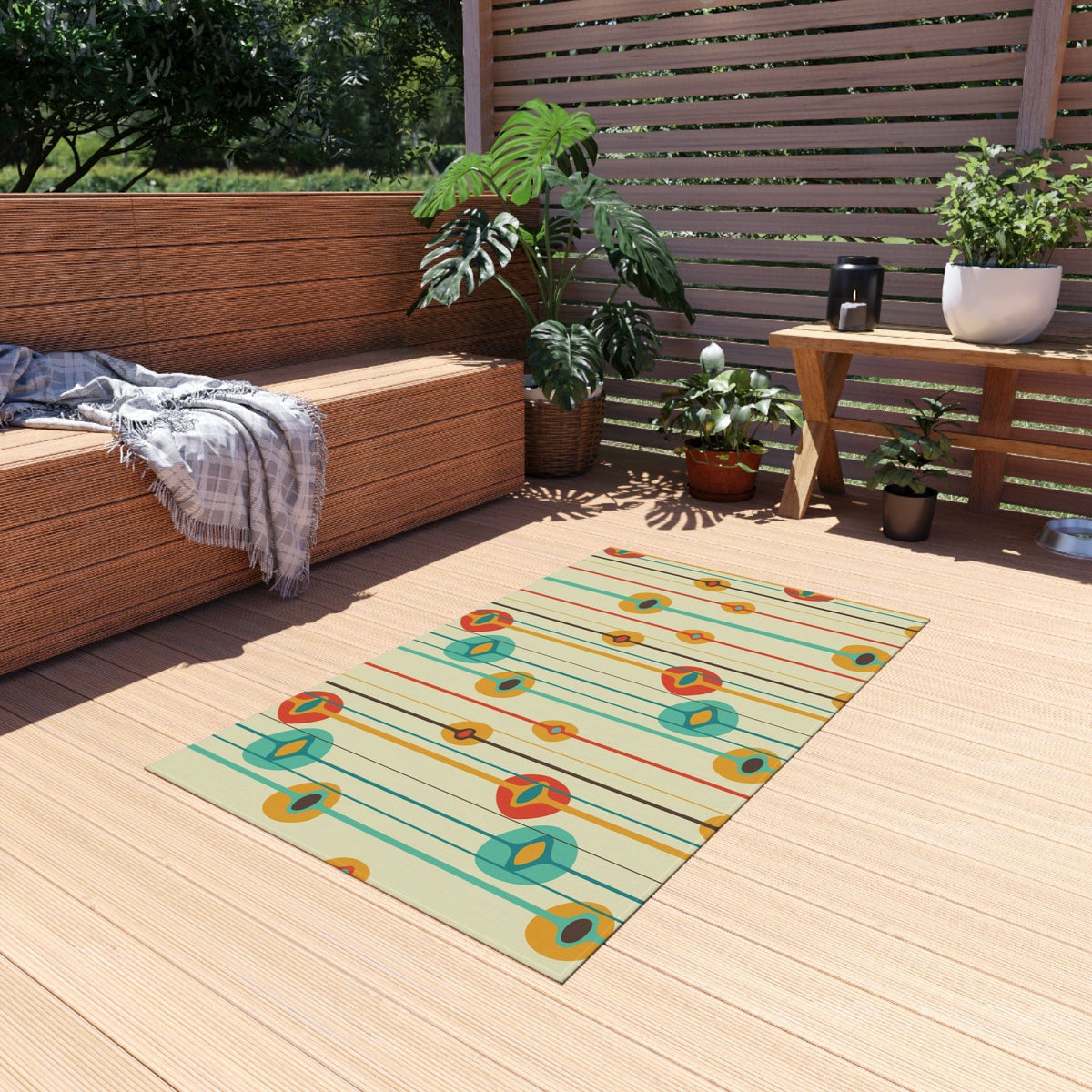 Mid Century Modern Geometric, MCM Indoor, Outdoor Rug, Teal, Aqua, Burnt Orange, Mustard Yellow,  California, Florida Patio Rug Home Decor 36" × 60"