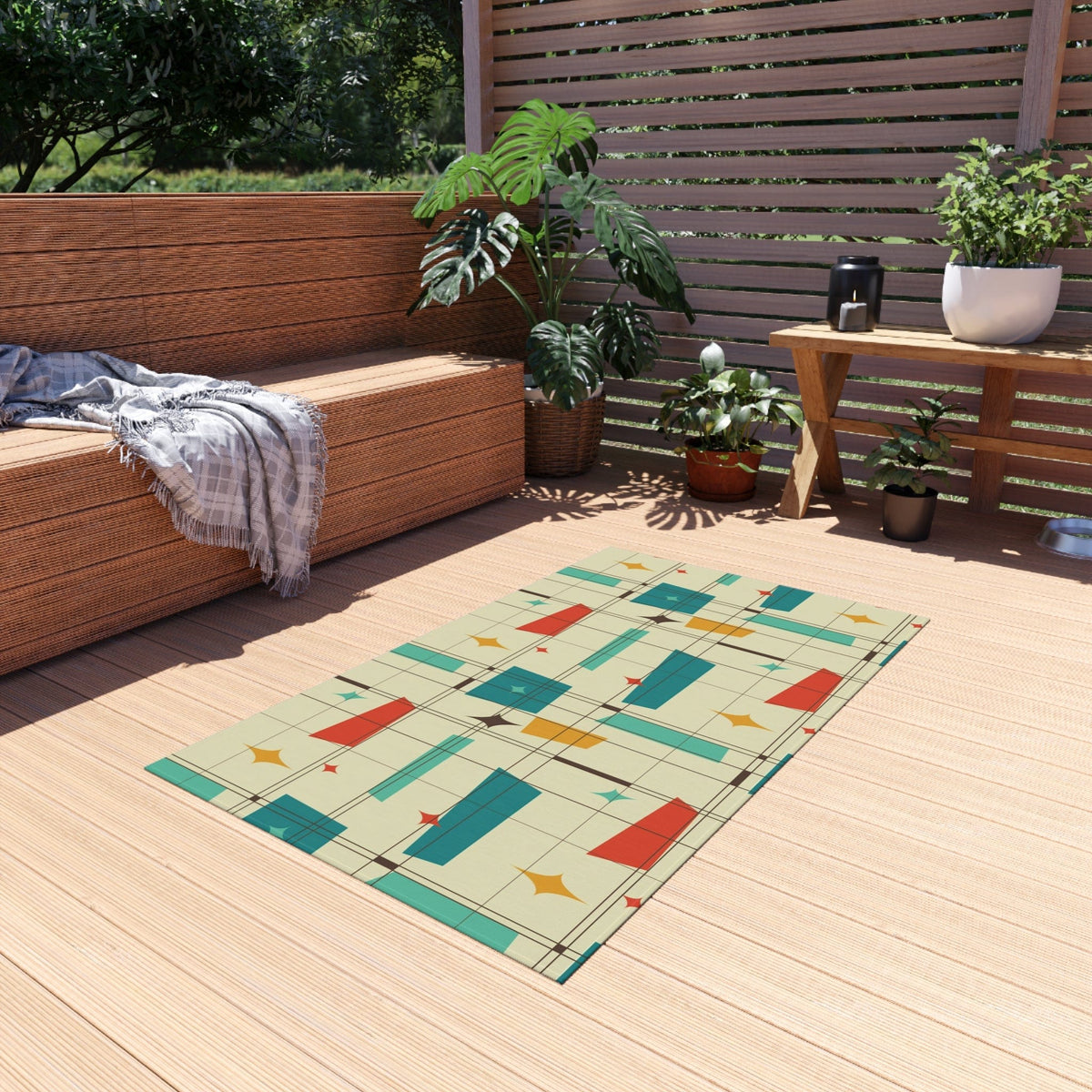 Mid Century Modern, Indoor, Outdoor Rug, Geometric Squares, Mid Mod Palm Spring Cali Home Decor Home Decor 36" × 60"
