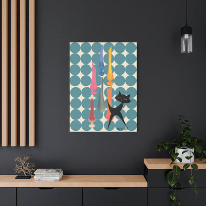 Mid Century Modern Wall Art, MCM Swung Glass Whimsical Cat Artwork Canvas - Mid Century Modern Gal