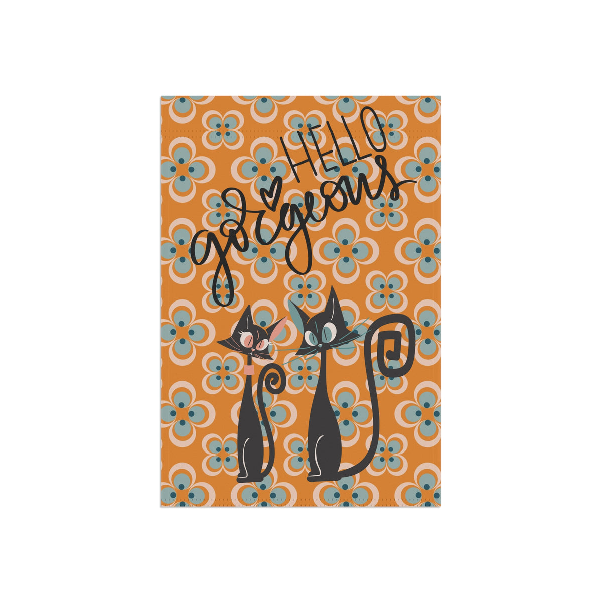 Atomic Cat Mid Mod Scandi Designed Orange Blue, Spring Summer Garden Flag - Mid Century Modern Gal