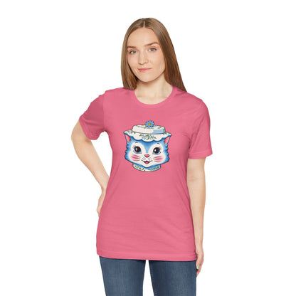 Mid Century Modern Kitschy Anthropomorphic Blue Cat with Floral Hat Unisex T-Shirt