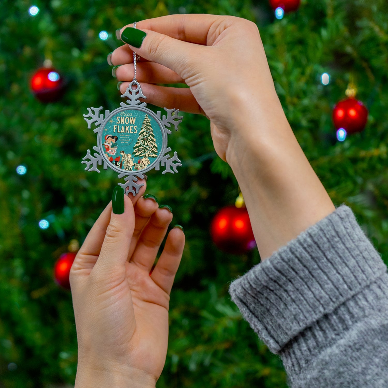 Vintage Mica Snow, Kitschy 50s Pewter Snowflake Ornament