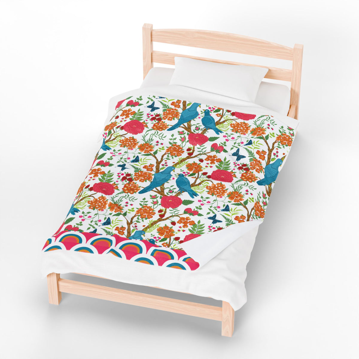 Chinoiserie Throw Blanket, Blue Pink,  Birds Tropical Floral Velveteen Plush Blanket - Cozy Decor for Home - Mid Century Modern Gal