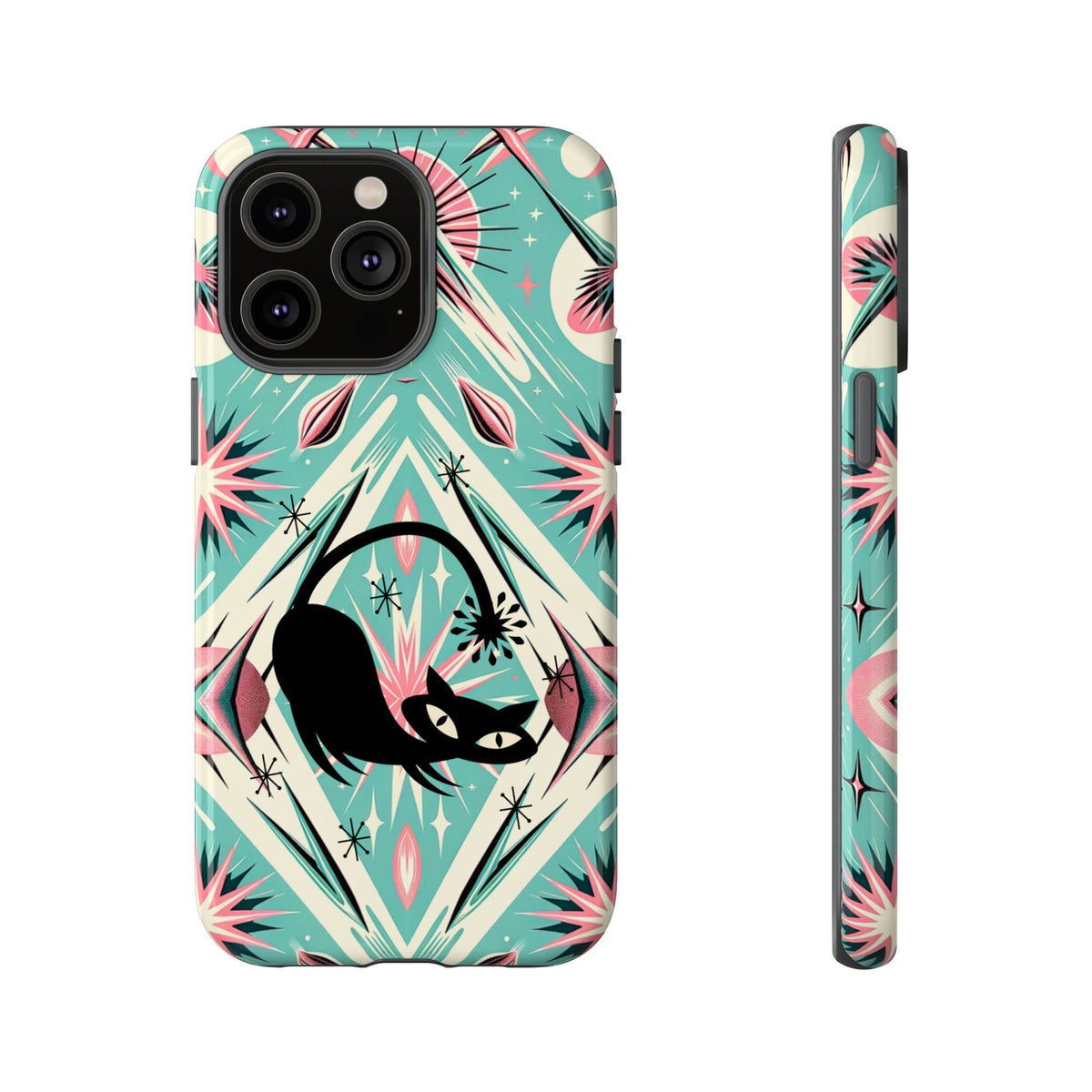 Atomic Cat, Mid Century Modern Aqua Blue, Pink, Starbursts Tough Phone Case