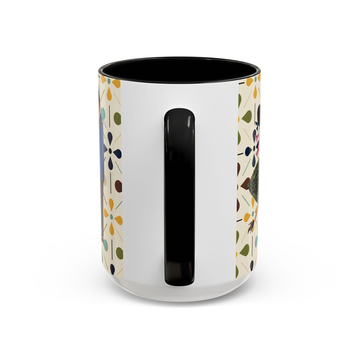 Mid Century Modern 50s Christmas mug featuring colorful Scandi flower patterns on a white background with a black handle.