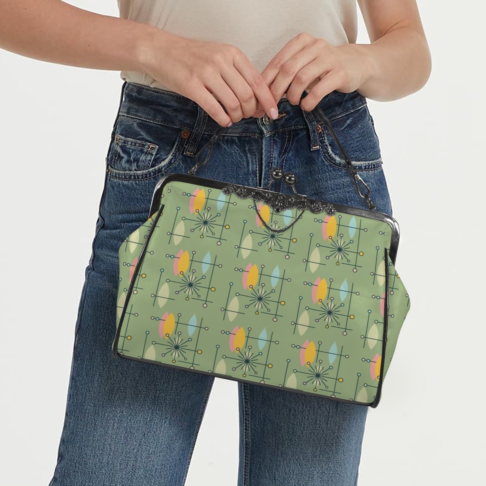 Mid Century Modern Green Yellow Atomic 50s Kisslock Crossbody Purse - Mid Century Modern Gal