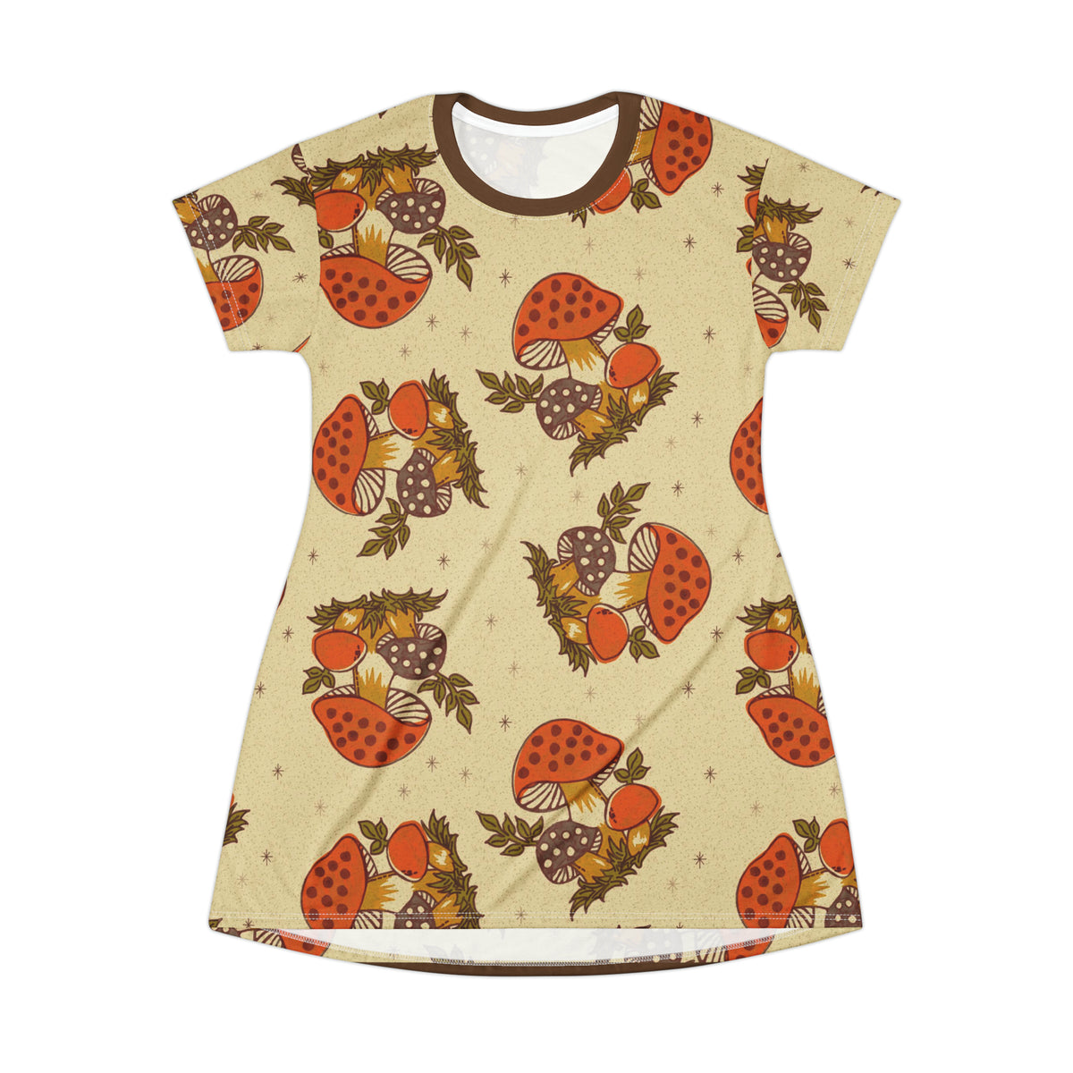 1970s Hippie Clothes, Vintage Merry Mushroom Groovy Retro Party, T-Shirt Dress - Mid Century Modern Gal