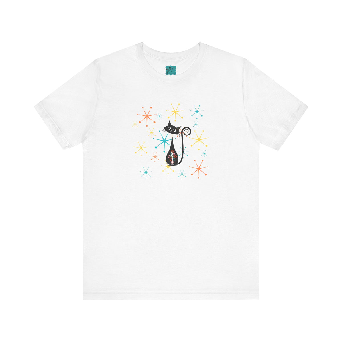 Atomic Cat Mid Century Modern Starburst Whimsical Cat Short Sleeve Tee - Colorful Star Design - Mid Century Modern Gal
