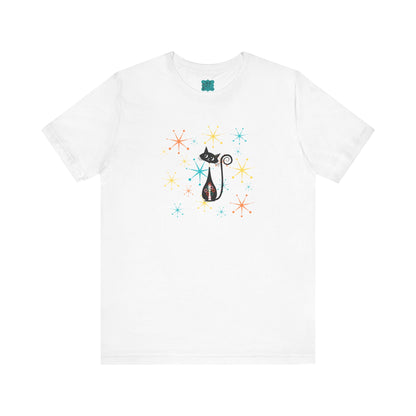 Atomic Cat Mid Century Modern Starburst Whimsical Cat Short Sleeve Tee - Colorful Star Design - Mid Century Modern Gal