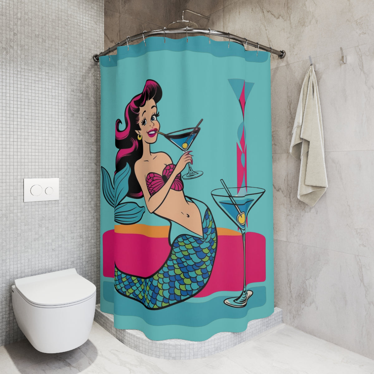 Mid Mod Vintage Mermaid  Martini Sippen' Shower Curtain - Fun Bathroom Decor for Beach Lovers - Mid Century Modern Gal