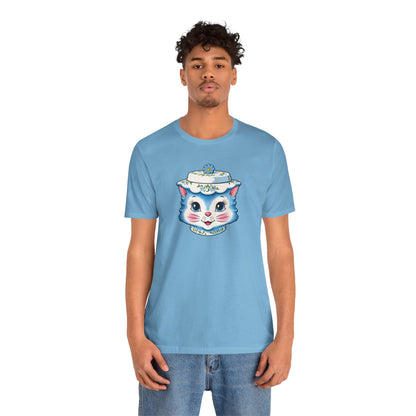 Mid Century Modern Kitschy Anthropomorphic Blue Cat with Floral Hat Unisex T-Shirt