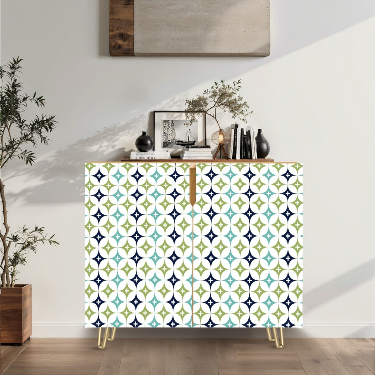 Scandinavian Designed Blue, Green Aqua Diamond Design Mod Wooden Storage Cabinet