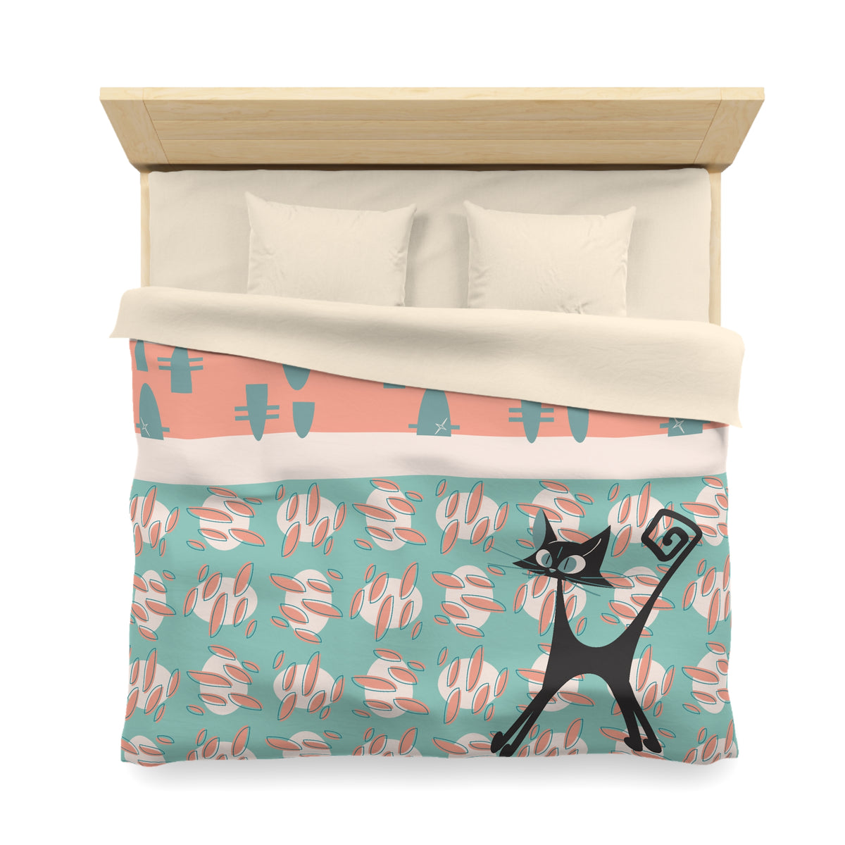 50s Nostalgic Atomic Cat Mid Century Modern Aqua, Coral Pink Peach, Kitschy Mid Century Modern  Duvet Cover - Mid Century Modern Gal