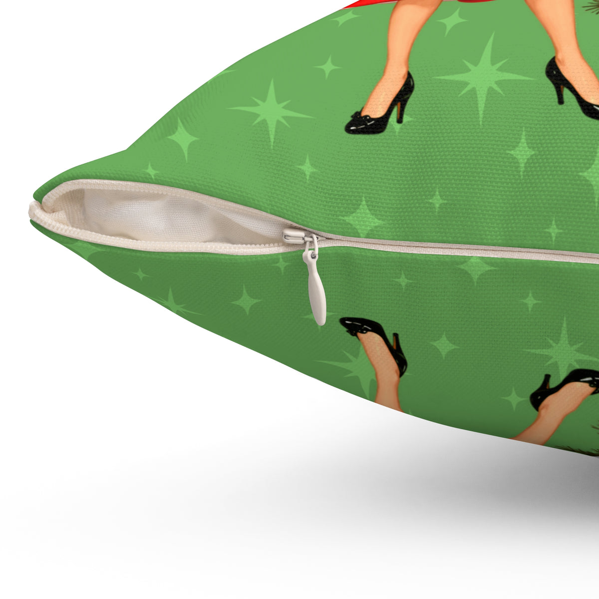 Mid Century Modern Gal Decorating Christmas Tree, Green Atomic Starbursts Pillow Cover and Insert
