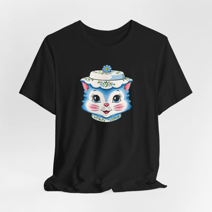 Mid Century Modern Kitschy Anthropomorphic Blue Cat with Floral Hat Unisex T-Shirt