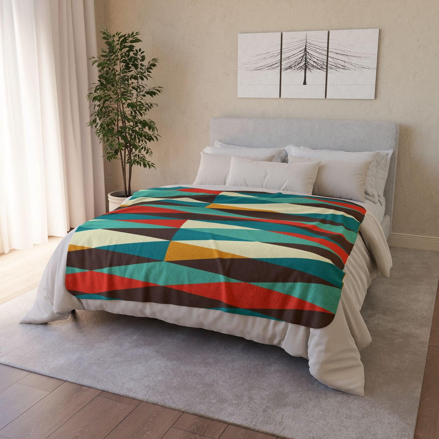 Mid Century Modern, Geometric, Retro, Mod, Teal Blue, Mustard Yellow, Chocolate Brown, Burnt Orange, Sherpa Blanket - Mid Century Modern Gal