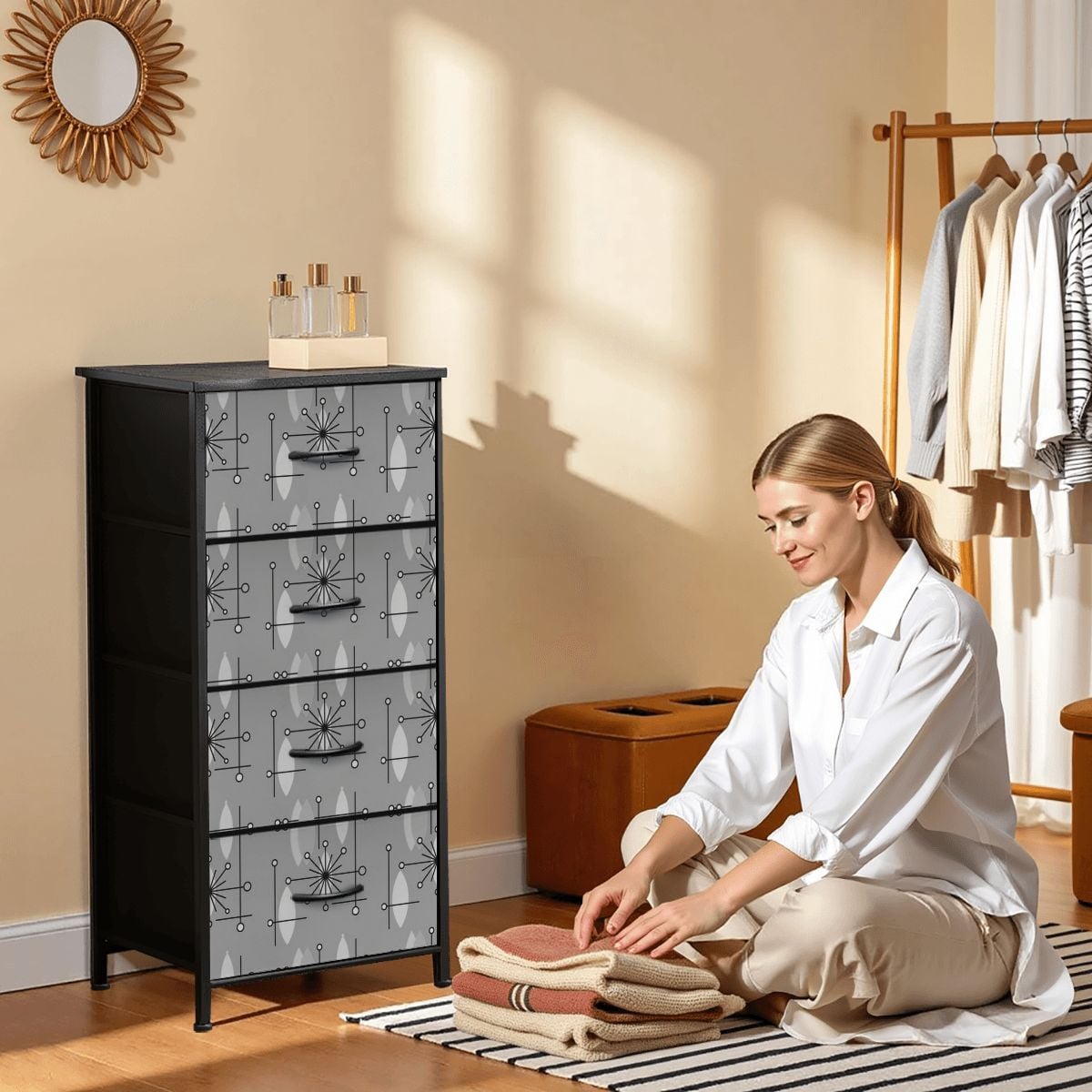 Mid Century Modern Moody Gray Starbursts 4-Drawer Dresser - Mid Century Modern Gal