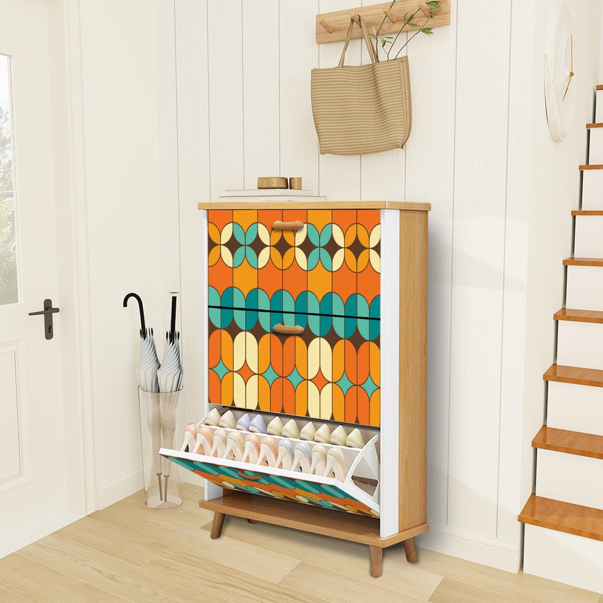 Mid Century Modern Shoe Cabinet, Shoe Storage, Bold Orange And Teal Cabinet - Mid Century Modern Gal