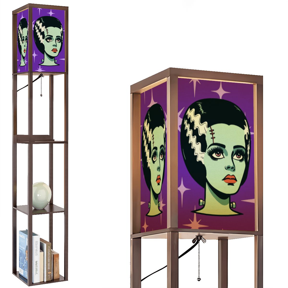 Bride of Frankenstein Retro Mid Mod Horror Buff Purple Halloween Floor Lamp with Shelves - Mid Century Modern Gal